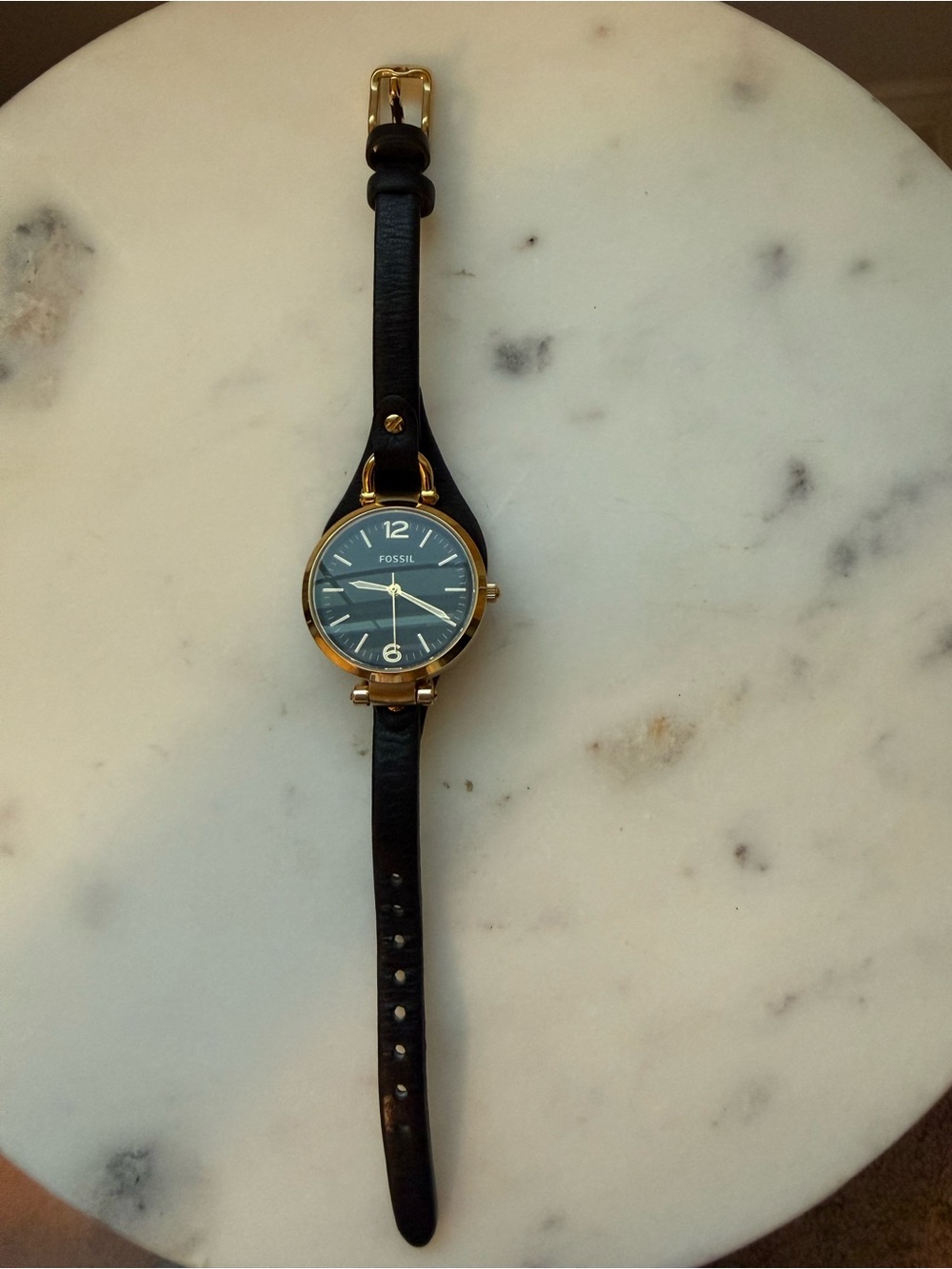 Fossil Black Leather Strap Watch with Gold-Tone Case and Black Dial